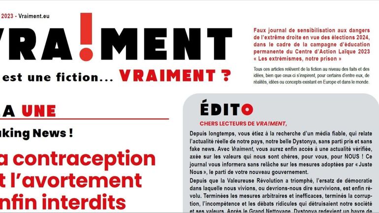 Le Centre d'Action Laïque distribue un faux journal qui sensibilise aux dangers de l'extrémisme.