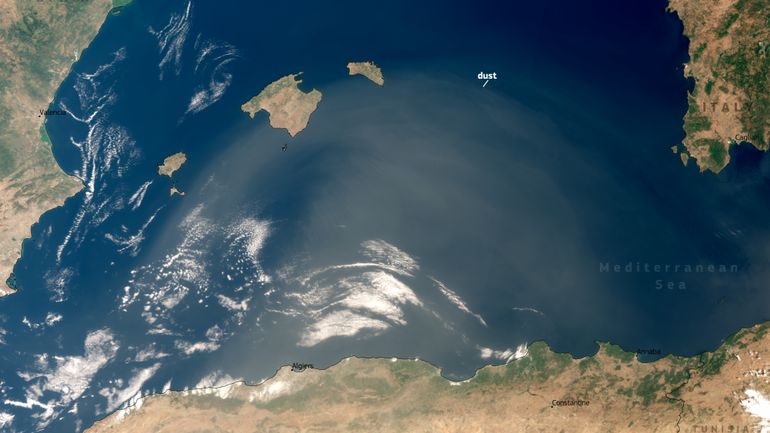 L'image satellite du jour : la Méditerranée occidentale se pare d'un voile de poussière saharienne