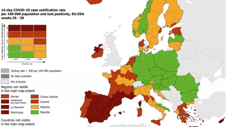 Carte des voyages : quelques régions en France et en Italie passent en rouge, ainsi que l'Islande et l'Estonie