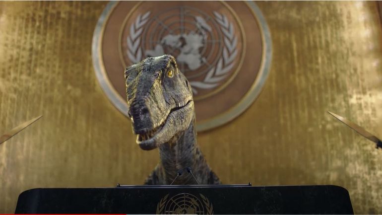 Un dinosaure à la tribune de l'ONU pour implorer : 