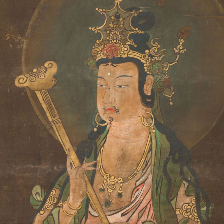 Bodhisattva Manjushri (détail), Japon, 14e - 15e, couleurs sur soie, legs Warocqué 1917