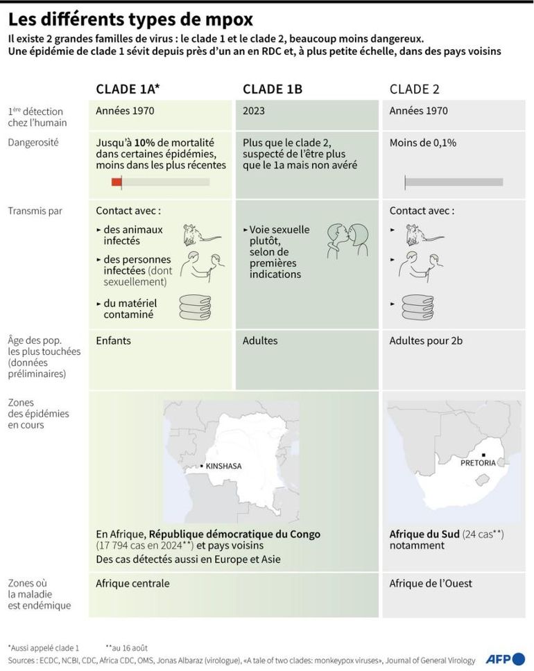 Présentation des clades ou sous-clades 1a, 1b et 2 de la Mpox. 