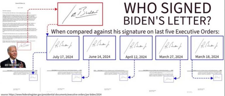 Une image publiée sur les réseaux sociaux suggère que Joe Biden n’a pas signé lui-même sa lettre de renonciation à la candidature démocrate de 2024.